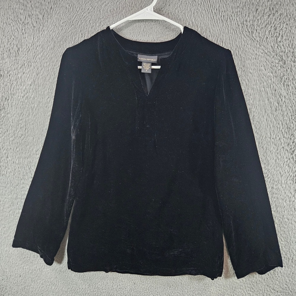 Banana‎ Republic Womens Black Velvet Silk Blend Split Neck Blouse Top Size S